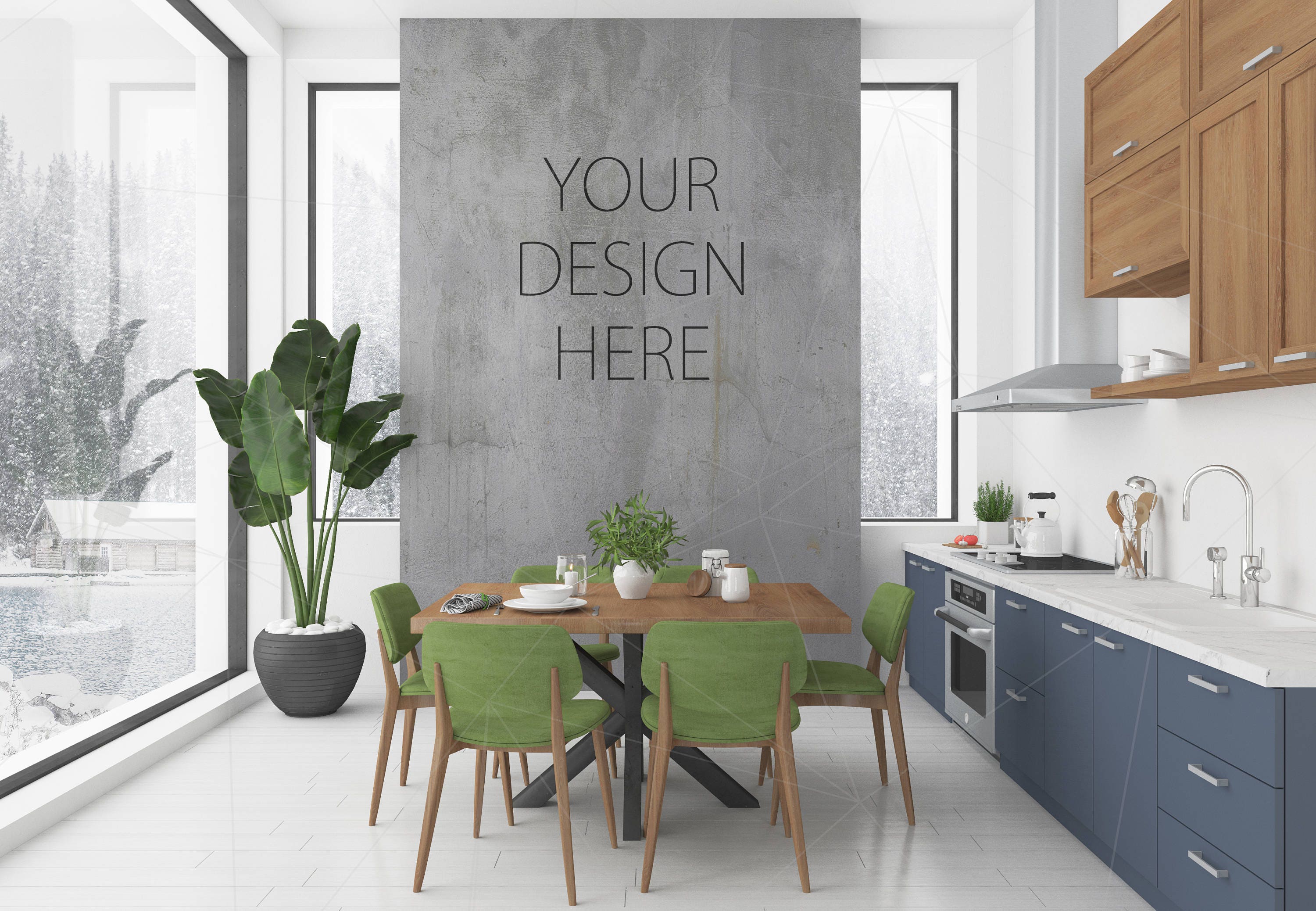 Blank Wall Mockup Black Frame Art Lounge Interior Kitchen
