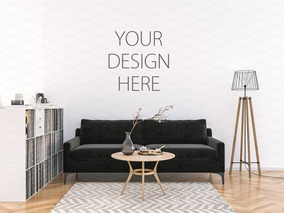 Download Interior Mockup Artwork Background Blank Wall Black Sofa Etsy