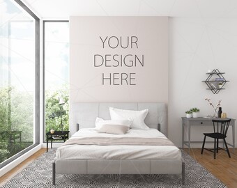 Blank Wall Mockup Art Pink Bedroom Feminine Interior Room Mockup Poster Artwork Canvas Scandinavian Design Nordic