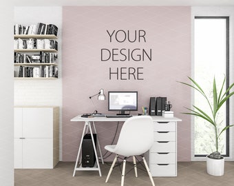 Interior mockup, Artwork background, Blank wall, Wall art display, Nordic, Scandinavian room, Workspace, Home office, Desk area, Pink wall
