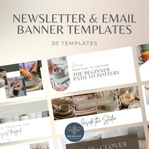 Może przedstawiać: Obraz promocyjny dla szablonów banerów newsletterów i e-maili Canva. Obraz zawiera różne projekty banerów z tekstem takim jak "Newsletter & Email Banner Templates" i "30 Templates". Projekty obejmują motywy studia garncarskiego.