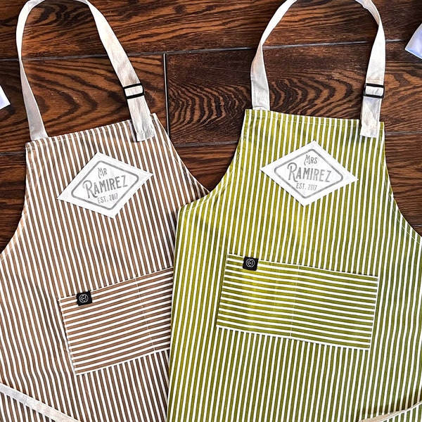 Mr and Mrs aprons personalised with names and date, in nostalgic style graphics and high quality striped cotton! Ideal gift for couples.