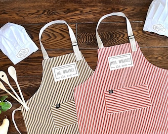 Personalized Mr and Mrs Aprons - Handprinted with Names  Wedding Date - Perfect Couples Gift for Anniversary New Home  Valentines