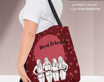 Line portrait tote for besties and teams. Customized bag with names and personal quote. Unique premium bridesmaid gift and for best friends