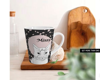 Colorful cat portrait mug, customized with name and quote. Unique premium pet parent gift with line art from photo on a modern terrazzo cup.