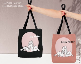 Custom tote bag for big and small sister, besties, teams. Unique premium gift with line art portrait illustration, names and personal quote.