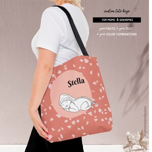 New mom custom baby pink tote bag personalized with line art portrait illustration from photo of the newborn on colorful back ground and terrazzo pattern text.