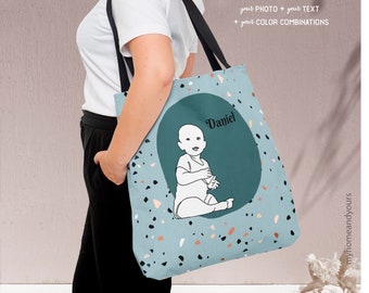 Custom tote bag with line art portrait illustration of your baby photo, with name and personal quote. Unique gift for new Moms and Grandmas.