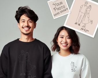 Custom couple portrait Sweatshirts with modern minimal line art from photo with free name or quote. Partner look trend gift for him and her.