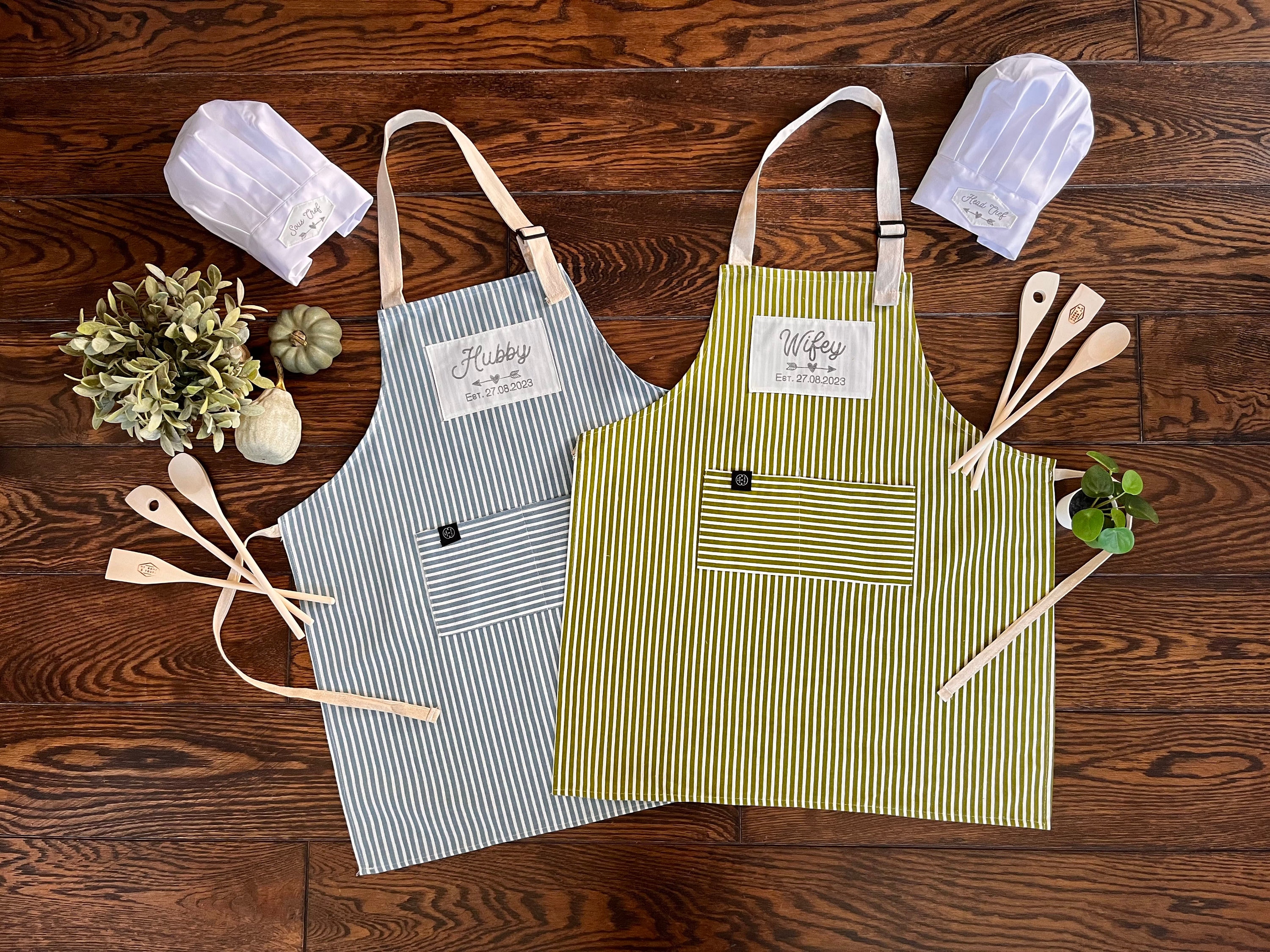 Personalised Mr and Mrs Aprons Handprinted with Names  and Wedding Date | A Perfect Couples Anniversary Gift or a New Home.
