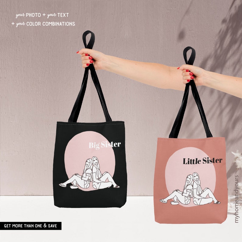 Mix matching custom big sister little sister tote bags with personalized line art portrait from photo of two girls on color blocking bags with own quote on the back.