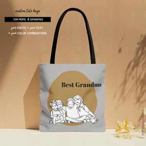 Best grandma custom tote bag with personalized line art illustration of the grand children from your photo on colorful background or terrazzo pattern.