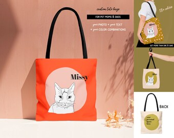 Custom cat portrait tote bag. Illustration design in line art style of your photo, plus name and personal quote. Unique gift for pet parents