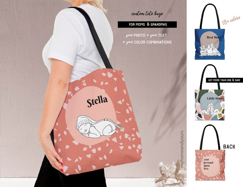 New mom custom baby pink tote bag personalized with line art portrait illustration from photo of the newborn on colorful back ground and terrazzo pattern text.