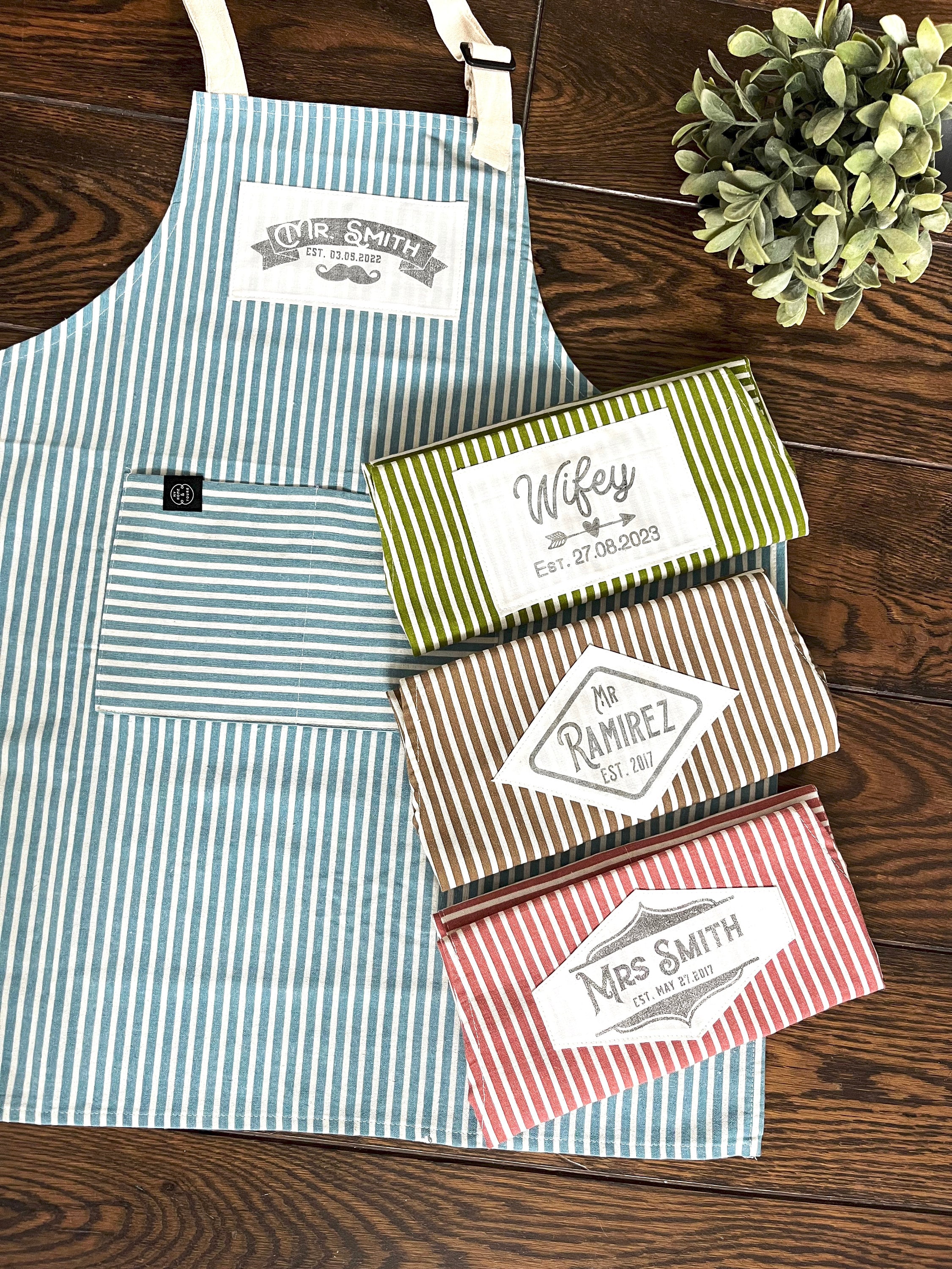 Personalised Mr and Mrs Aprons Handprinted with Names  and Wedding Date | A Perfect Couples Anniversary Gift or a New Home.