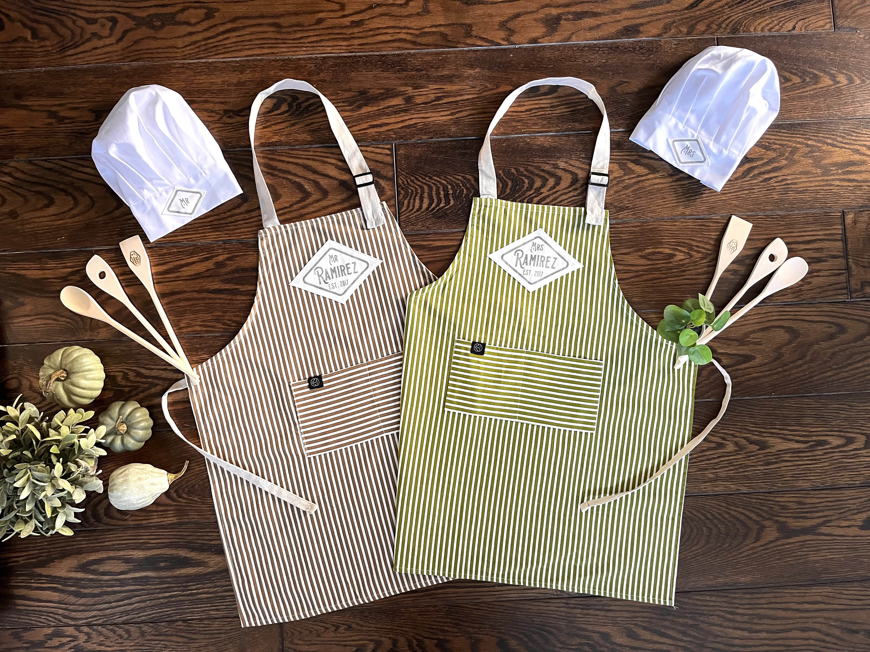 Personalised Mr and Mrs Aprons Handprinted with Names  and Wedding Date | A Perfect Couples Anniversary Gift or a New Home.