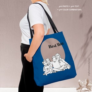 New mom custom baby blue tote bag personalized with line art portrait illustration from photo of the newborn on colorful back ground and terrazzo pattern text.