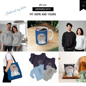 Custom line art portrait gifts such as crew neck sweatshirts, tees, color blocking tote bags and mugs for mom and the whole family, couples, friends, pet owners in modern fashionable style.