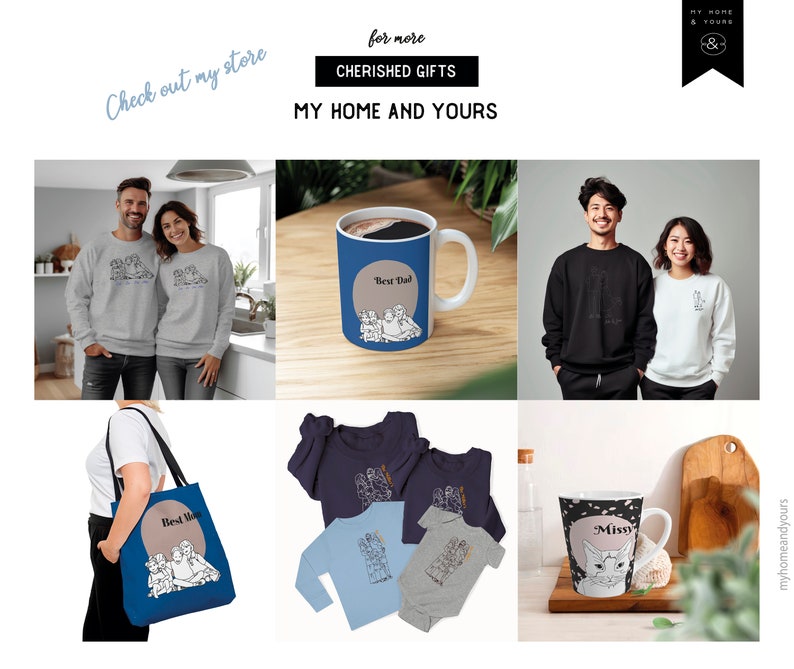 Custom line art portrait gifts such as crew neck sweatshirts, tees, color blocking tote bags and mugs for mom and the whole family, couples, friends, pet owners in modern fashionable style.