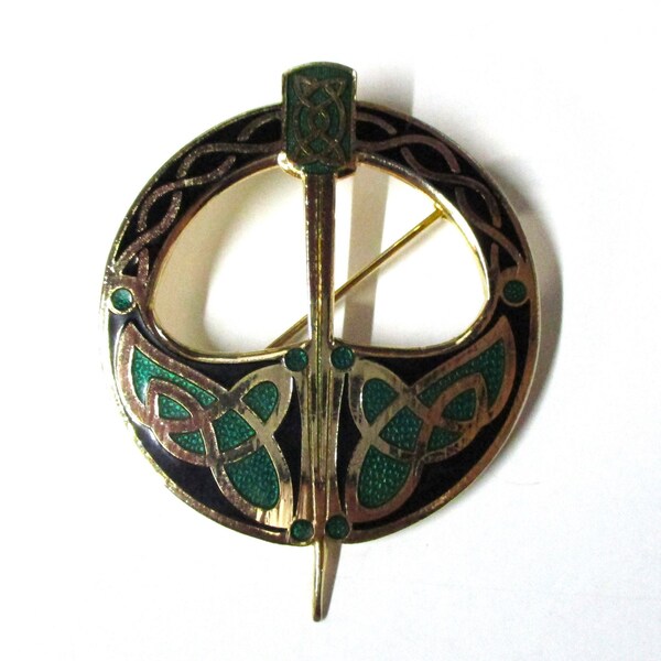 Vintage Celtic Sea Gems Enamel Brooch  - Green, Black & Gold - 4.5cm