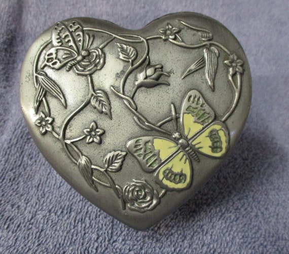 Pewter and Glass Butterfly and Flowers Trinket Bo… - image 1