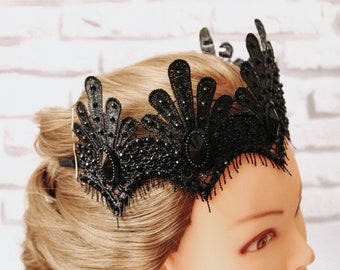 Clothing gift Black Crown  Queen Lace Crown sexy festive accessory Halloween Costume Headpiece Swan Fascinator Mistress Black fascinator