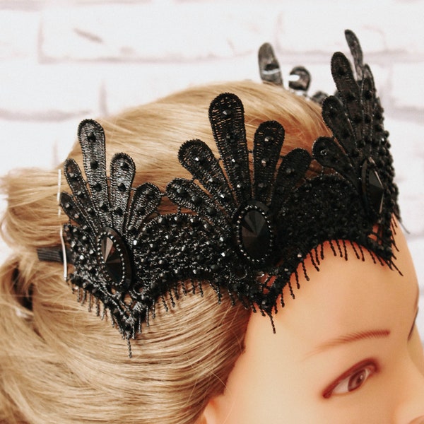 Clothing gift Black Crown  Queen Lace Crown sexy festive accessory Halloween Costume Headpiece Swan Fascinator Mistress Black fascinator