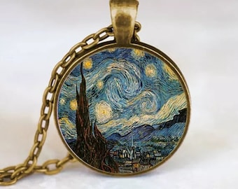 Starry Night Pendant Neclace  Glass Art Painting Pendants Jewelry Moon gift for her gift for him