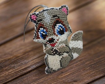 Handcrafted Beaded Baby Raccoon Whimsical Baby Raccoon Beaded Art Enchanting Beaded Raccoon