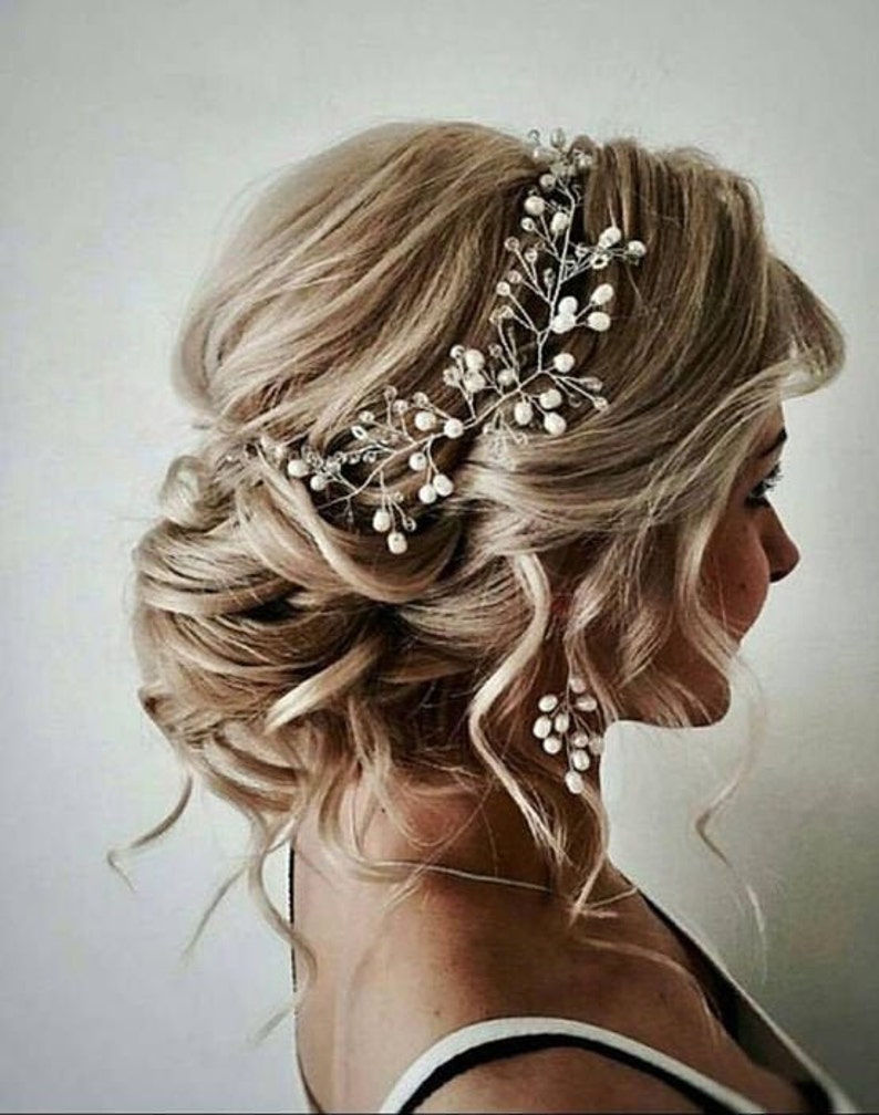 Bridal Hair Vine Wedding Rose Gold Hair Piece Pearl Silver Wedding Hair Accessory Bridal Hair Piece Vine Jewellery Long Hair Vine Bridal earrings 2 inches