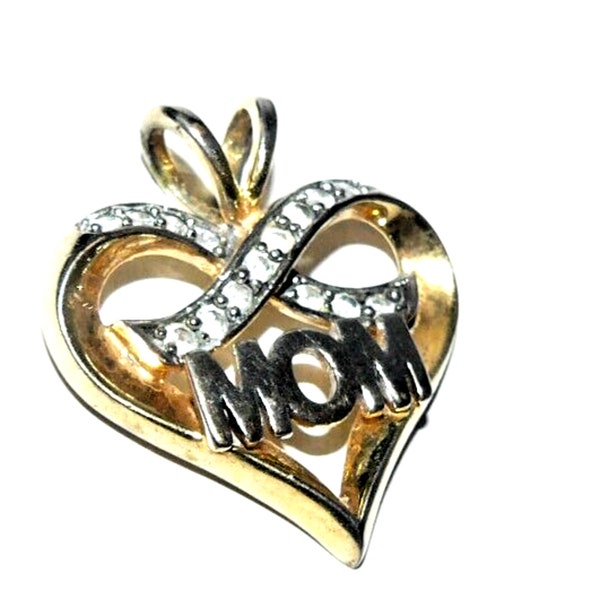 Love Mom Open Heart Pendant w/15 CZ JJT YGP 925 Sterling Silver 1" Long Gift