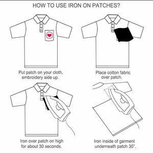 May include: Diagram showing how to apply iron-on patches. The steps are: position the patch, cover with fabric, iron the front for 30 seconds, and iron the back for 30 seconds. Text reads: "HOW TO USE IRON ON PATCHES?"