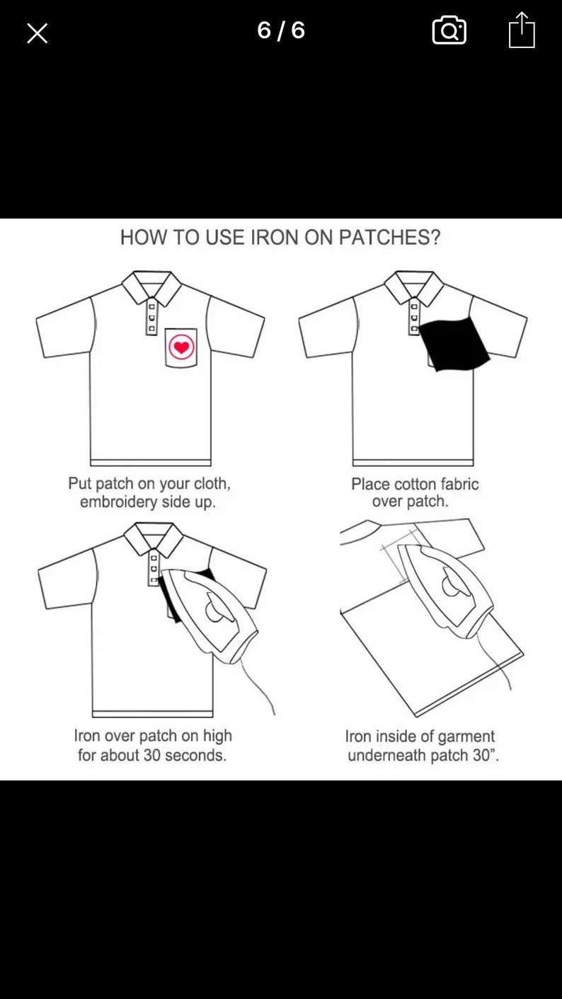 May include: Diagram showing how to apply iron-on patches. The steps are: position the patch, cover with fabric, iron the front for 30 seconds, and iron the back for 30 seconds. Text reads: "HOW TO USE IRON ON PATCHES?"