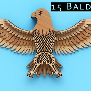 May include: A wooden bald eagle sculpture with intricate details and layered wings. The eagle is brown and has a light blue background.