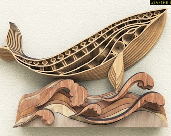 17a)  wall hung  sinle sided 'The Surfing Whale', whale watching,whale svg, Laser Cut, CnC, 3D mandala, glowforge, DWG, DFX, SVG, Multilayer