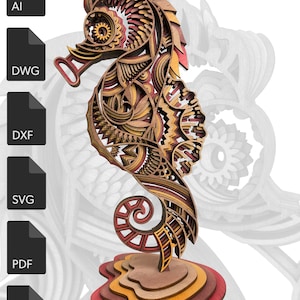 File di taglio laser a doppia faccia a strati di cavalluccio marino, cavalluccio marino, file cnc, strato 3d in formato SVG, taglio laser, mandala 3d in formato SVG, AI, DWG, file DFX per CNC,
