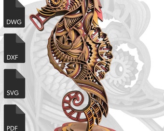 Seahorse Layered double sided Laser Cut file, Seahorse, cnc file, 3d layer svg, Laser cut, 3d mandala svg, AI, DWG, DFX file for cnc,