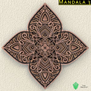 May include: A layered wooden mandala wall art piece with a complex geometric design. The mandala features a four-petal flower shape with intricate patterns in shades of brown, black, and copper. The text "MANDALA 3" is in the upper right corner.