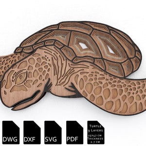 Tortue stratifiée SVG, Art mural géométrique, Art mural tortue de mer, fichier CNC, couche 3d svg, découpe laser, mandala 3d svg, AI, DWG, fichier DFX pour CNC