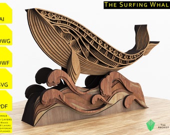 17) Multilayered Geometric Wall Art 'The Surfing Whale', whale watching,whale svg For Laser Cut, CnC, 3D mandala, Vector Files AI, DWG, DFX,