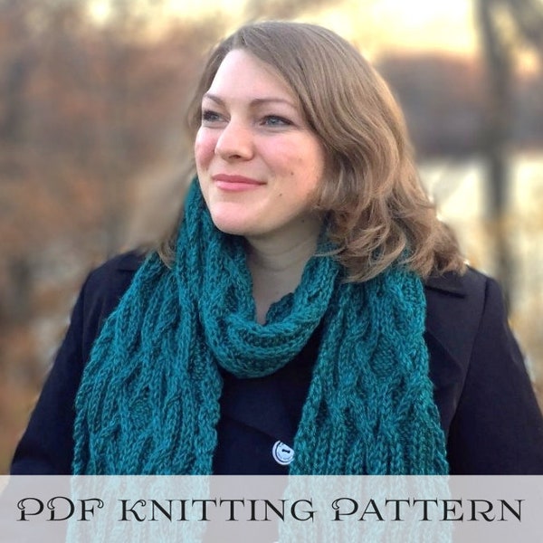 Knitting Pattern - Celtic Cables Scarf / Digital Download / Cable Knitting / Emerald Green / Aran Weight Yarn