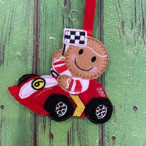 Race Car Ginger, Gingerbread Felt Ornaments/Christmas/Boy/Girl/Gift Tag