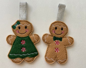 Gingerbread Felt Ornaments/Green Glitter Dress & Green Bow Tie/Christmas/Boy/Girl/Gift Tag