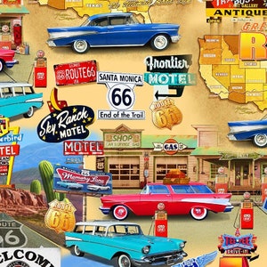 Könnte beinhalten: Eine Vintage-Illustration zum Thema Route 66 mit klassischen Autos, Motels und Tankstellen. Die Illustration enthält Texte wie "Sky Ranch Motel", "Frontier Motel", "Route 66" und "End of the Trail".