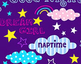 May include: Purple background with white, yellow, and pink stars.  Clouds with pink, blue, and white polka dots and stripes.  Rainbow with pink, blue, green, yellow, and orange colors.  Text reads "Good Night", "Dream Girl", and "Naptime".