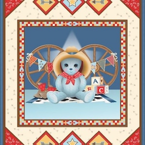 Pre Quilted,Double faced,CowboyTeddy Bear,36x44 Blue, ( Special Sale) w/ white backing