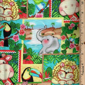 May include: A patterned fabric featuring cartoon jungle animals. The design includes a lion, toucan, zebra, elephant, giraffe, and frog, set against a backdrop of tropical foliage, waterfalls, and flowers. The color palette is vibrant, with bright blues, greens, and pinks.