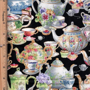Fancy Tea,Tea Cups/Pots, 45&quot; wide Listed @ 1/2 yard Elizabeth Studio, 100% cotton, 34000 black