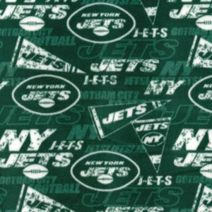 May include: A green and white fabric with a repeated pattern of the New York Jets logo and the words "Jets" and "New York Jets".