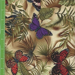 Tropical Butterfly,with Ferns on Tan, Timeless Treasures Listed @ 1 yard